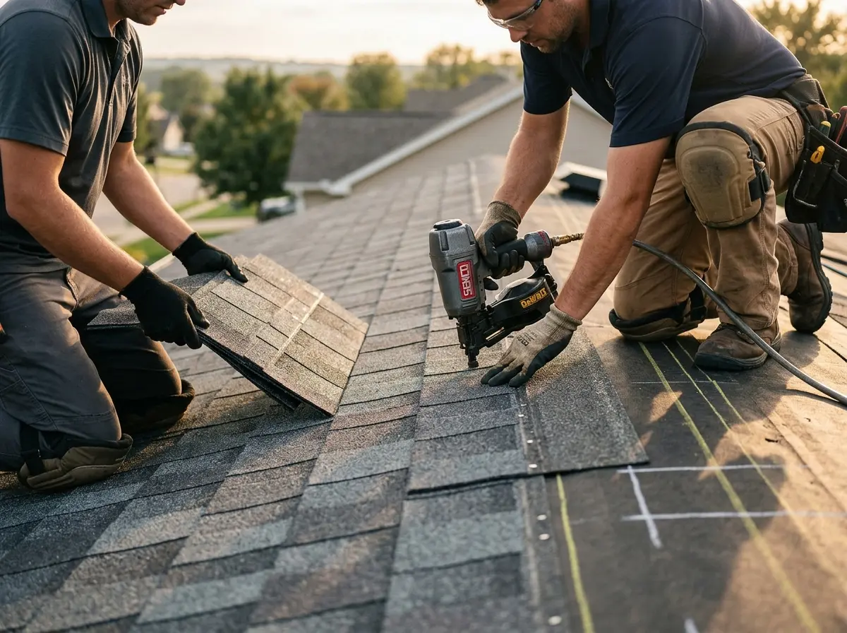 Professional roofer working on a residential roof in Bowleys Quarters